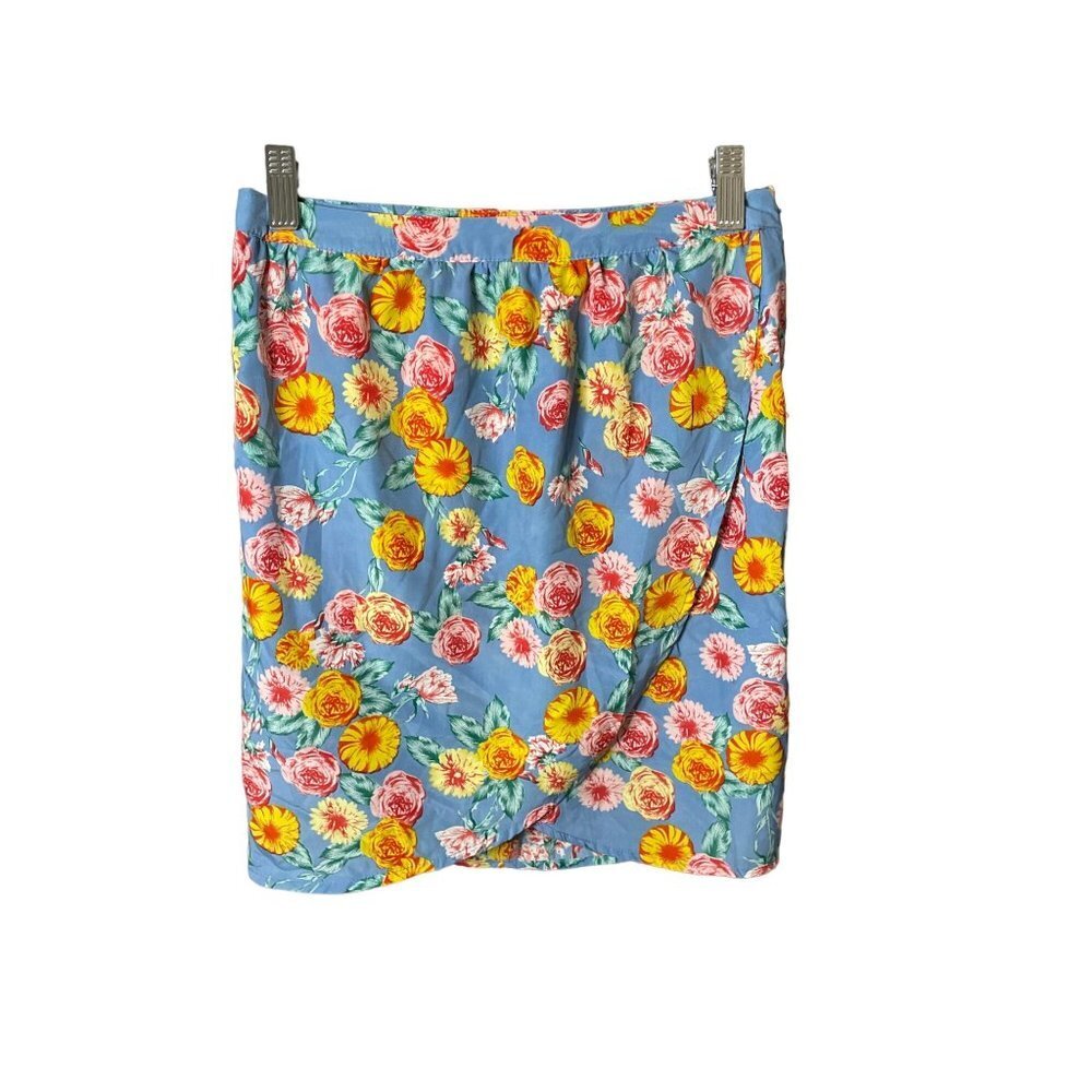 Ezra Light Blue Floral Tulip Faux Wrap Mini Skirt Sz S